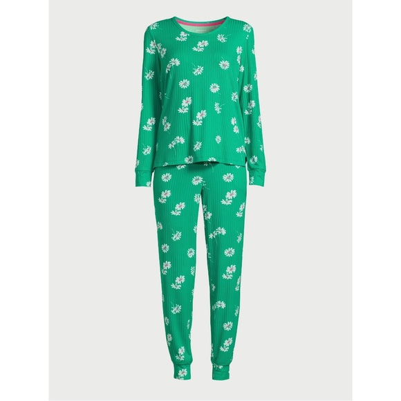 Joyspun Women’s Ribbed Green Floral Print Top and Pants Pajama Lounge Set - Picture 5 of 5